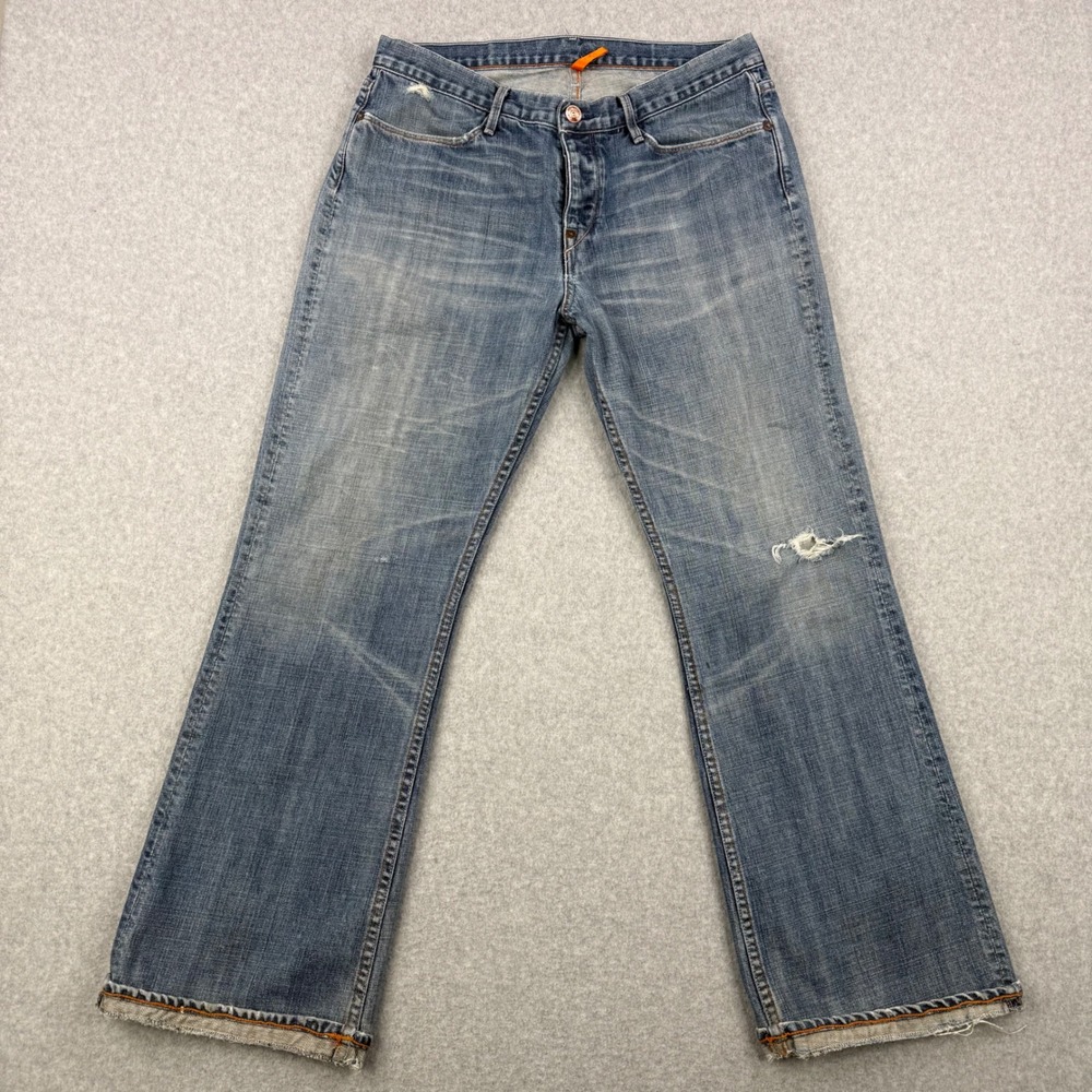 Earnest Sewn Jeans Mens‎ 33x29 Blue Hemingway 07 Straight Cuffed Distressed